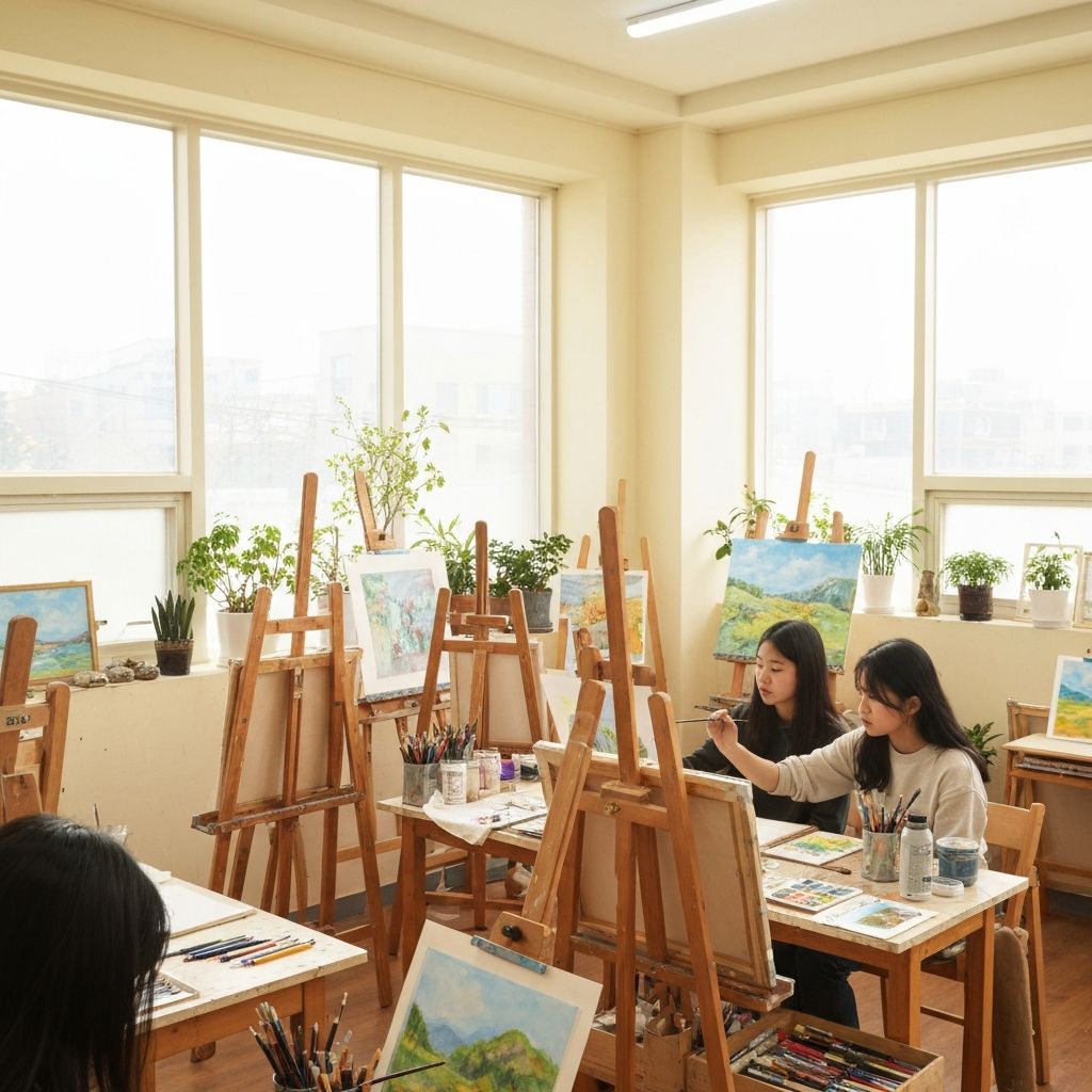 아트가든 미술학원 내부 — 밝은 자연광이 드는 수채화 수업 공간