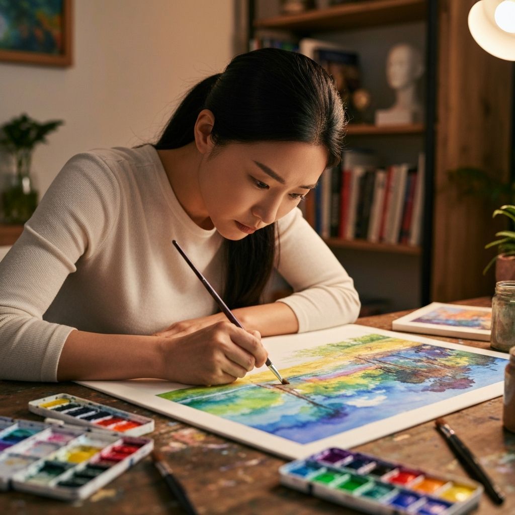 수강생이 수채화 작품을 그리는 모습